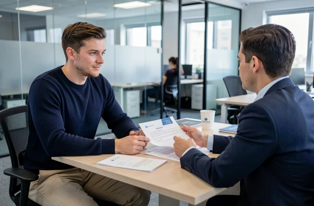 Jeune actif en rendez-vous bancaire pour un prêt immobilier avec un conseiller financier