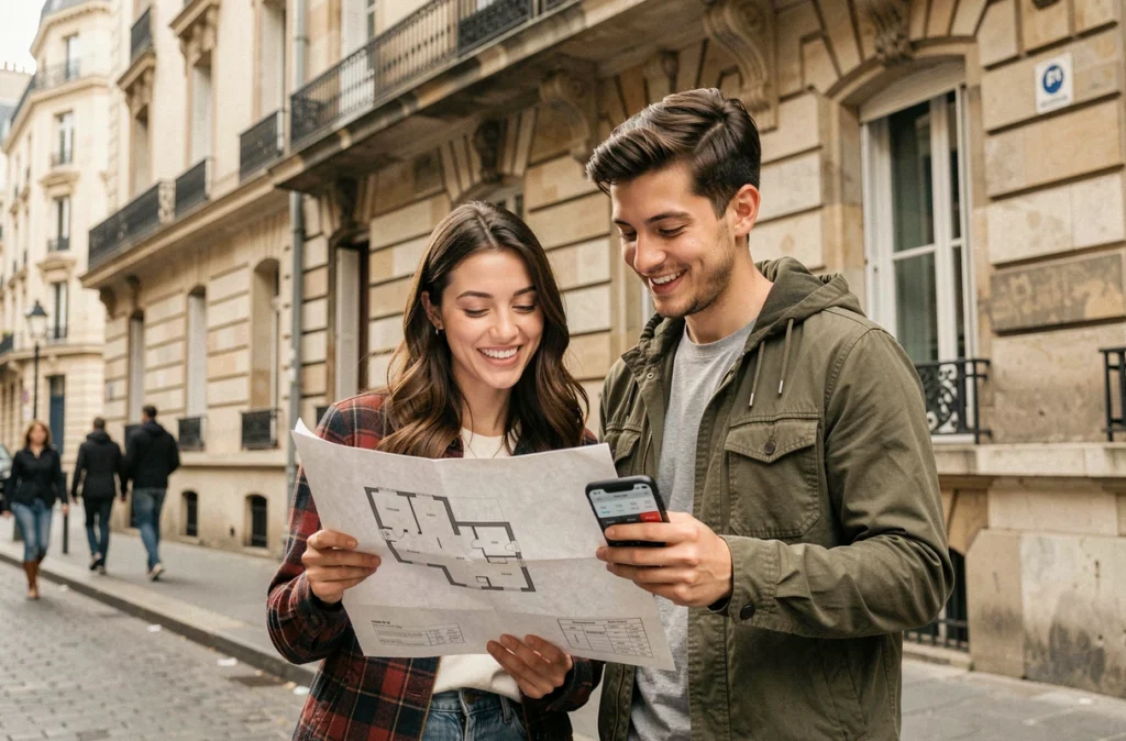 Jeune couple consultant un plan d'appartement devant un immeuble parisien lors d'une recherche immobilière