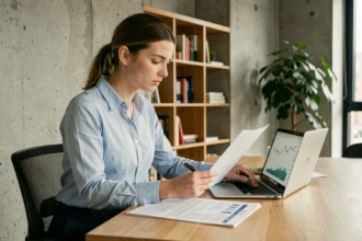 Jeune femme active étudiant un dossier de crédit immobilier dans un appartement moderne