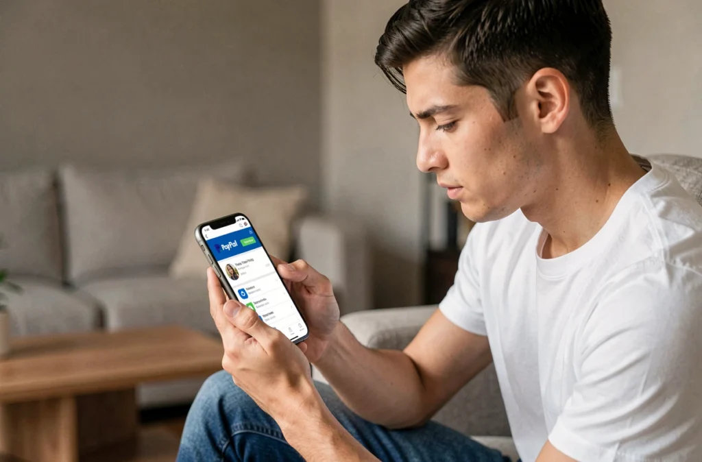 Jeune homme consultant le numéro de téléphone PayPal sur son smartphone dans son salon