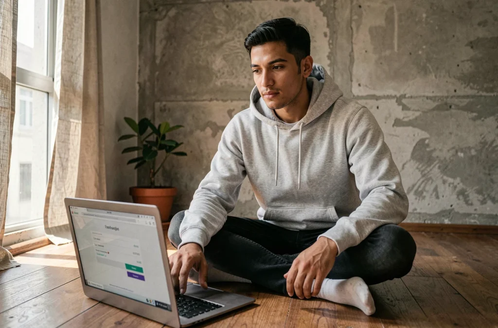 Jeune homme effectuant un virement international en stablecoin sur un ordinateur portable dans un appartement de Mexico