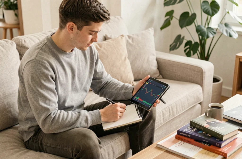 Jeune investisseur consultant une application de trading avec un pattern double bottom sur sa tablette à domicile