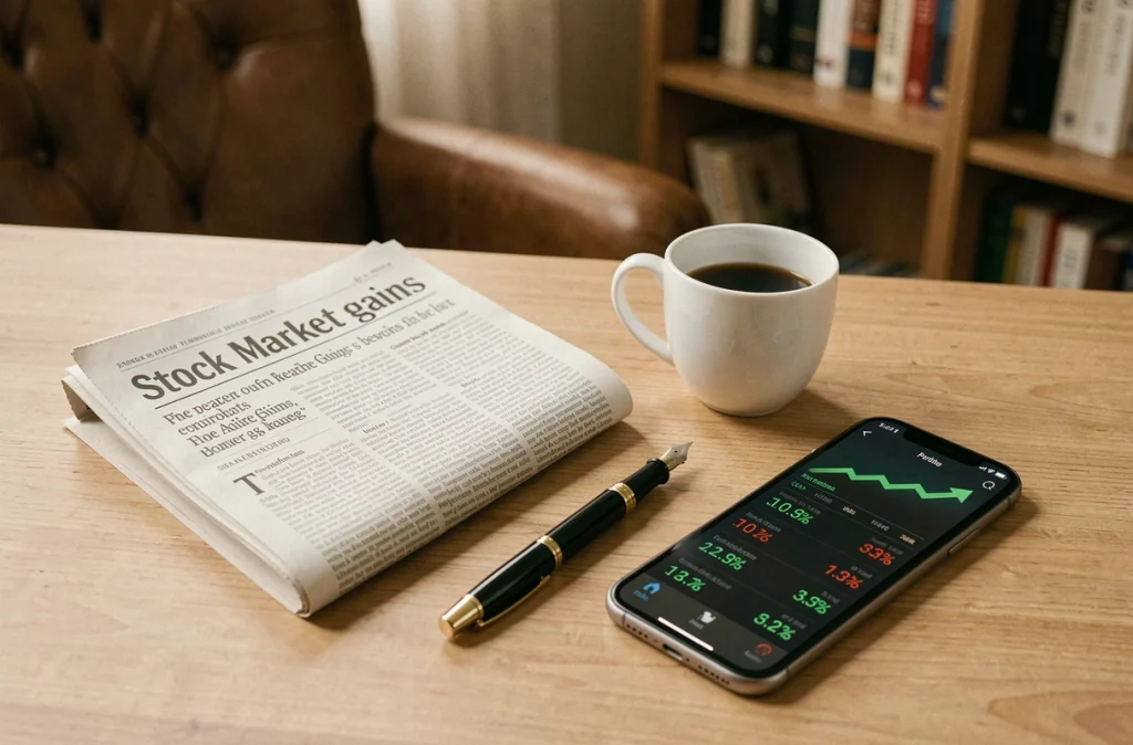 Gros plan sur un journal financier et un smartphone affichant la hausse des dividendes du CAC 40 sur un bureau en bois