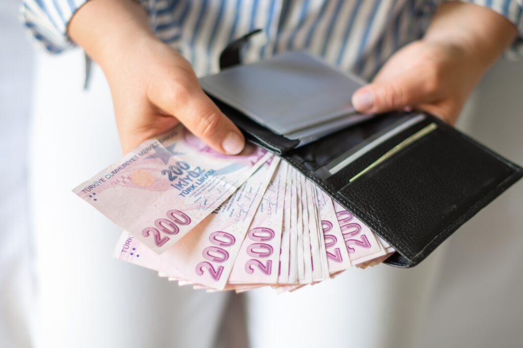 Leather wallet with money in the hands of a woman. Close-up of a woman taking a Turkish lira with a