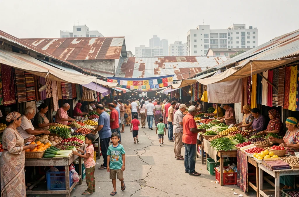 Marché en plein air animé dans une ville en développement illustrant l'économie informelle absente des statistiques officielles