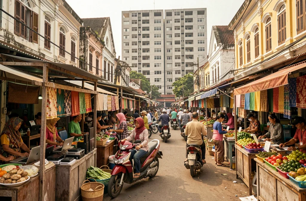 Marché urbain animé dans une ville d'Asie du Sud-Est symbolisant la croissance économique rapide des pays émergents