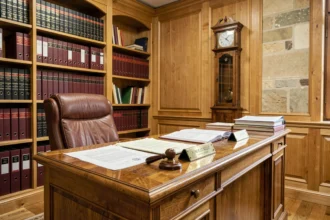 Hall d'accueil d'un office notarial en Meurthe-et-Moselle avec bureau en bois, documents officiels et bibliothèque juridique
