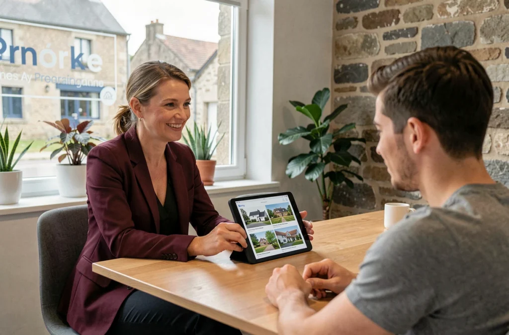 Conseillère de Nestenn Ploërmel présentant des biens immobiliers à un couple dans une agence moderne bretonne