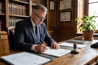 Notaire en costume sombre examinant un acte de vente immobilier dans son bureau traditionnel