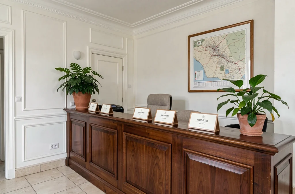 Salle d'attente accueillante d'un office notarial à quatre associés avec décorations régionales de Meurthe-et-Moselle