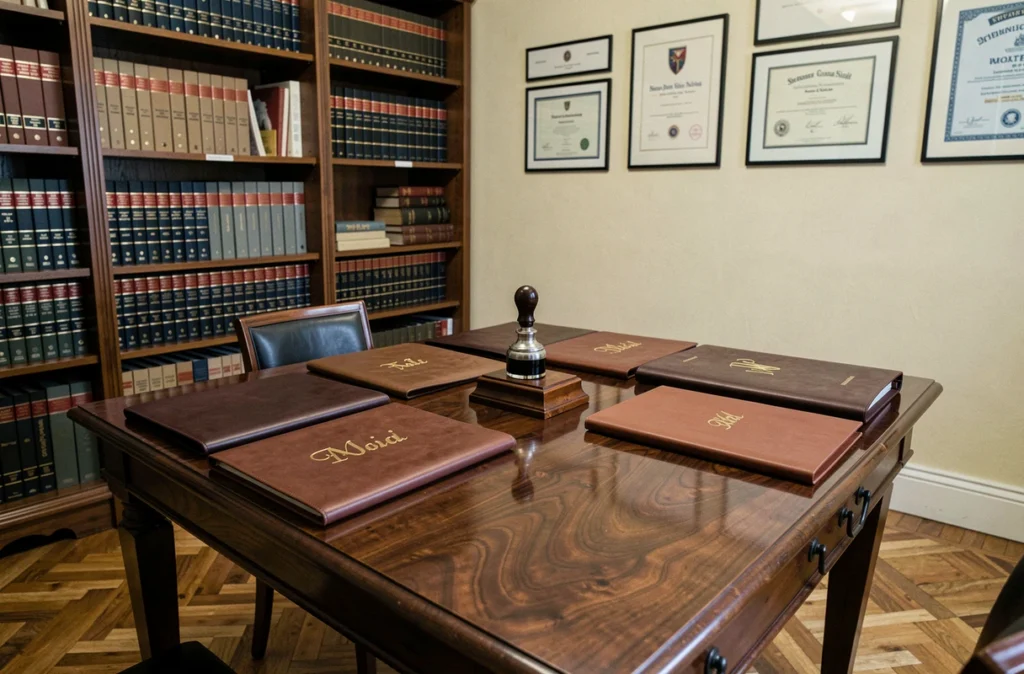 Salle de réunion d'un office notarial à quatre associés avec dossiers en cuir et matériel d'authentification officielle