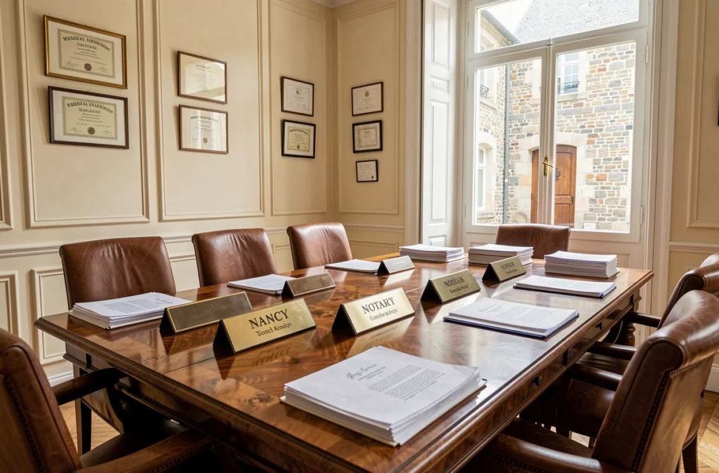 Salle de consultation d'un grand office notarial avec plusieurs plaques de notaires associés et documents officiels
