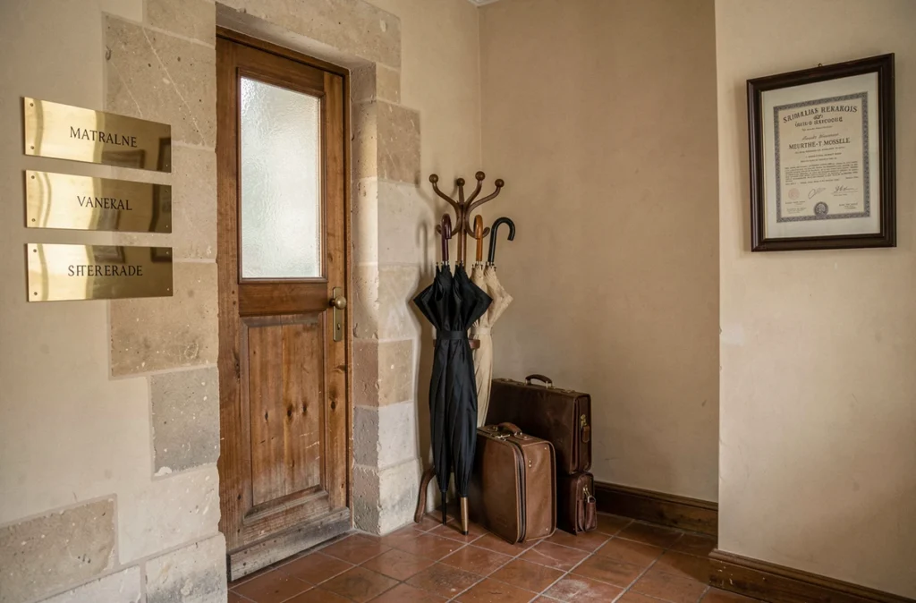 Entrée classique d'un office notarial familial avec plaques en laiton et porte en bois sur mur en pierre