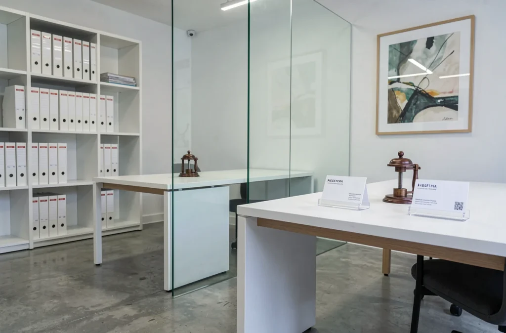 Bureau notarial moderne à deux associés avec partition en verre, classeurs étiquetés et tampon officiel en bronze