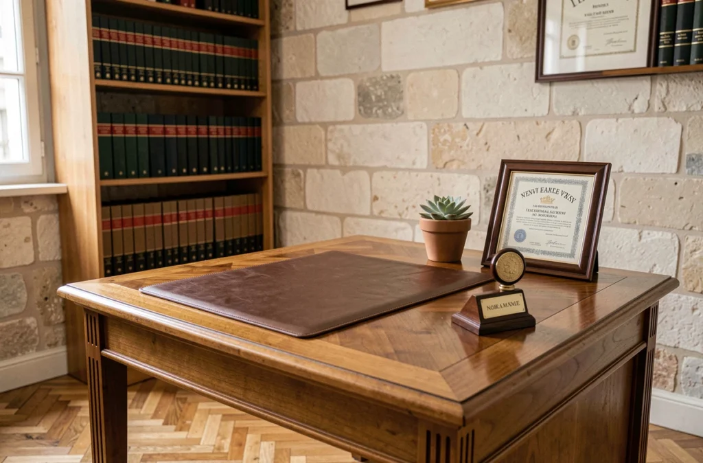 Bureau intimiste d'une notaire individuelle avec plaque nominative, sceau notarial sur socle en bois et diplôme encadré