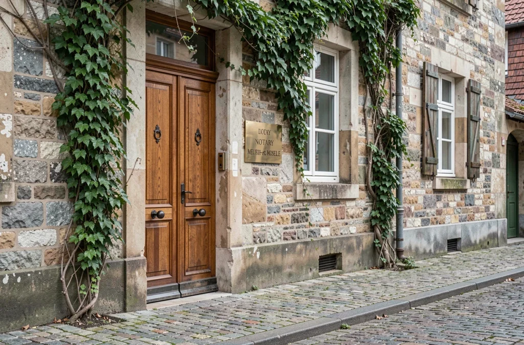 Façade extérieure d'un office notarial traditionnel en pierre de Lorraine avec enseigne en laiton et porte en chêne