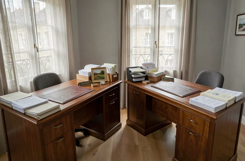 Bureau partagé de deux notaires associés avec plateaux de documents officiels et plaques nominatives personnelles