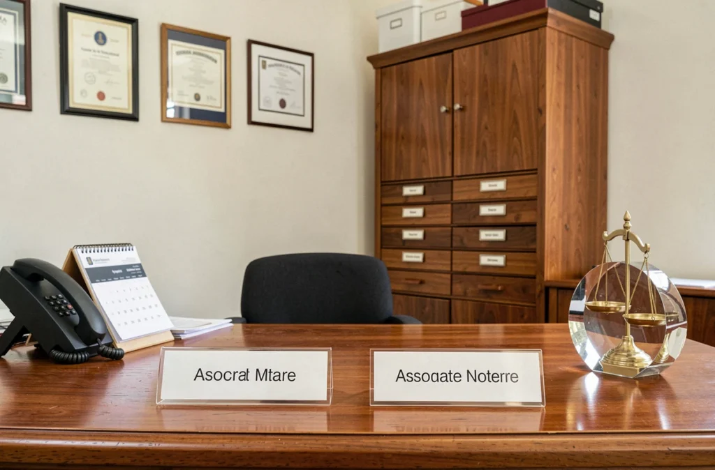 Accueil d'un office notarial à deux associés avec calendrier de rendez-vous et presse-papier en verre en forme de balance