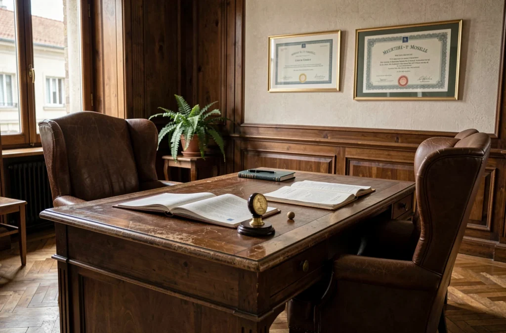 Bureau traditionnel de deux notaires associés avec fauteuils en cuir, registre foncier et sceaux officiels