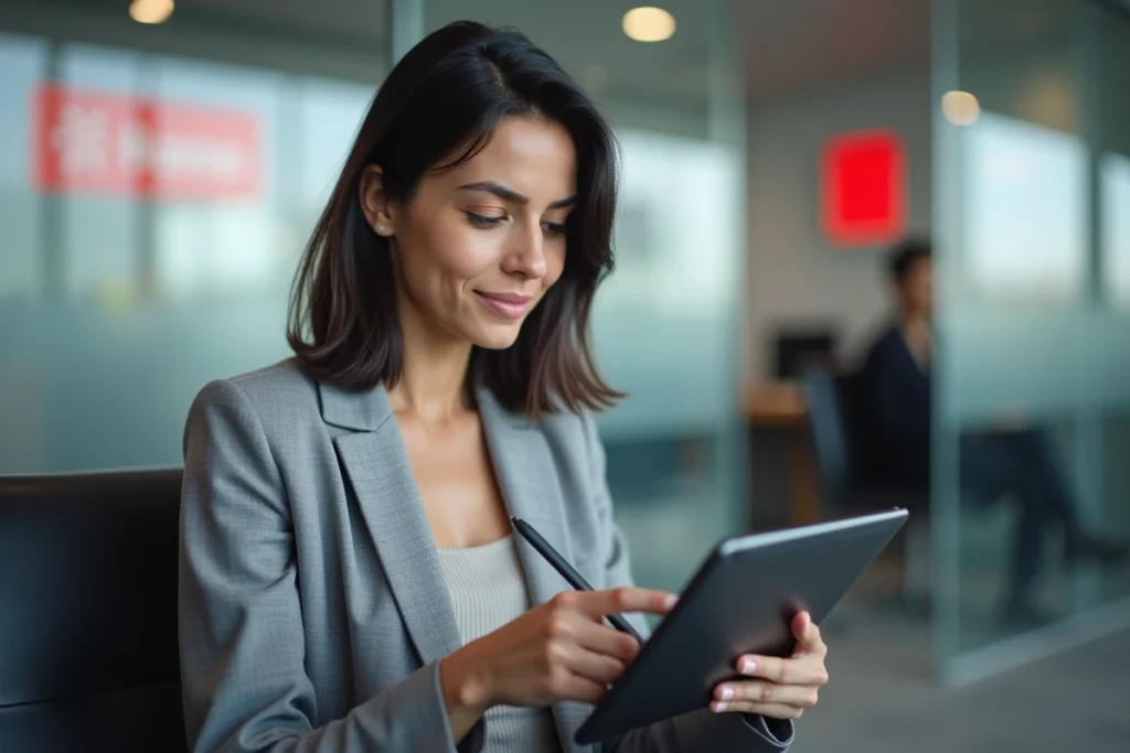 Femme utilisant une tablette pour ouvrir un compte Société Générale dans une agence bancaire moderne
