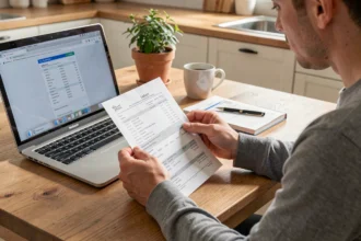 Personne qui examine un relevé bancaire à sa table