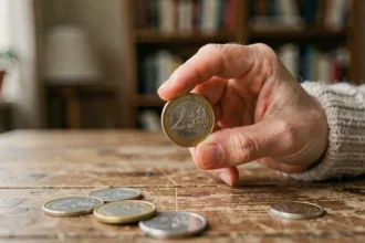Main tenant une pièce de 2 euros rare examinée de près sur une table en bois avec d'autres monnaies