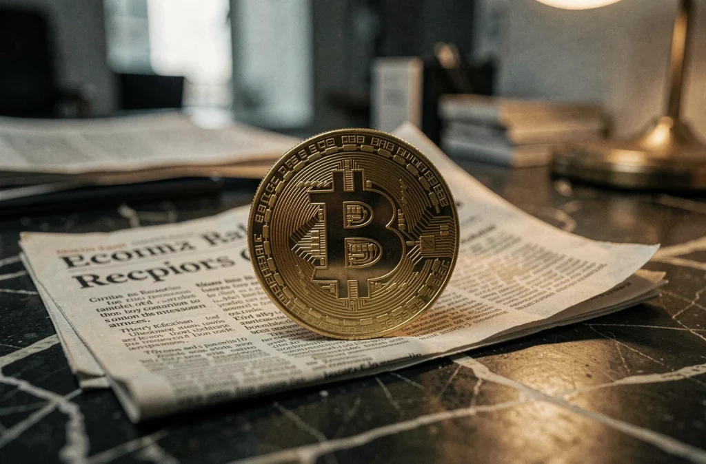 Pièce Bitcoin physique posée sur une une de journal financier évoquant la crise économique mondiale
