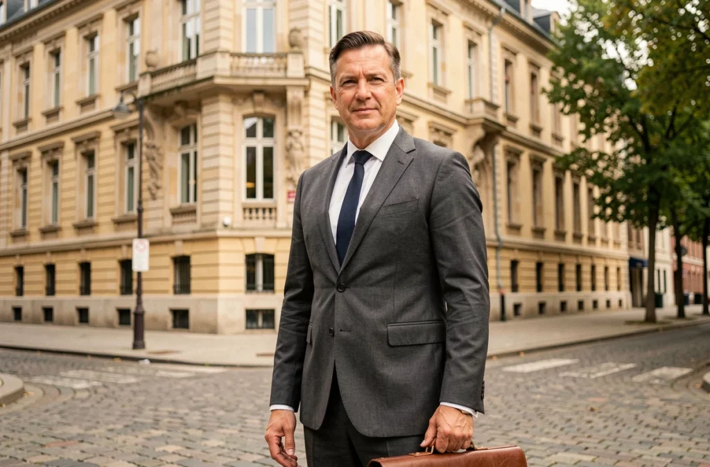 Professionnel de Pigeault Immobilier Rennes en costume devant l'architecture classique du centre-ville de Rennes