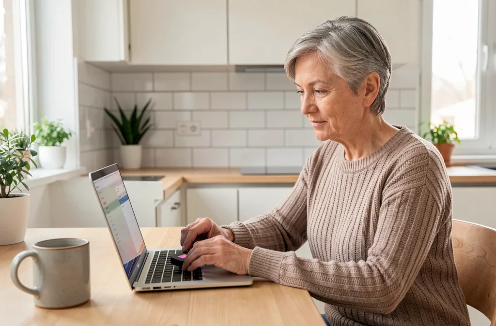 Femme connectant un portefeuille matériel de cryptomonnaie à un ordinateur portable dans une cuisine moderne