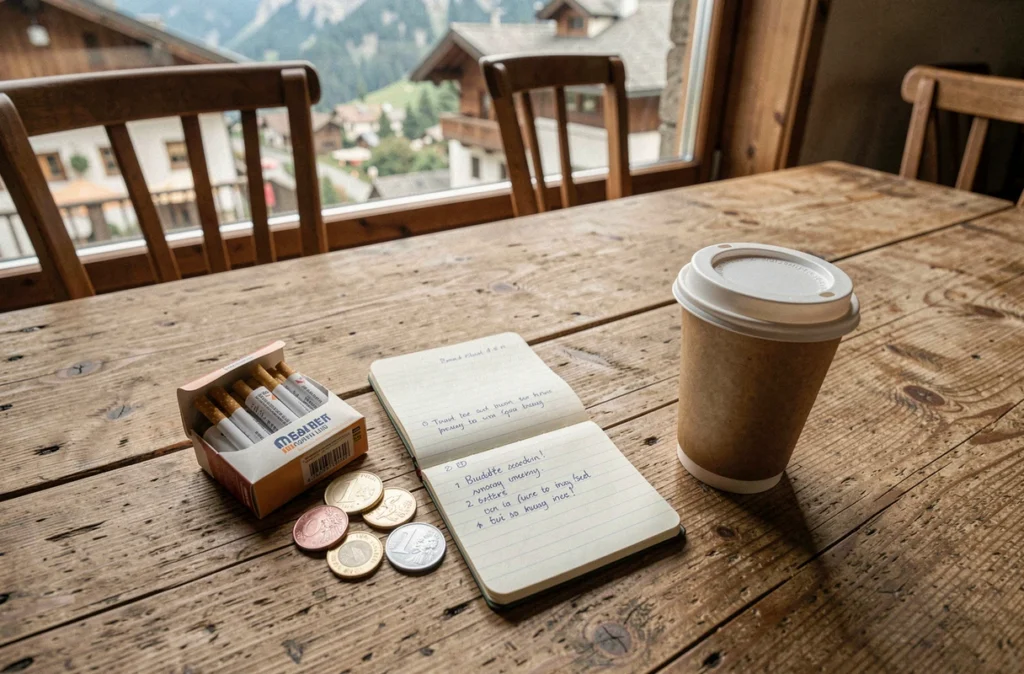 Paquet de cigarettes, monnaie suisse et euros sur une table de café pour illustrer le coût du tabac en Suisse