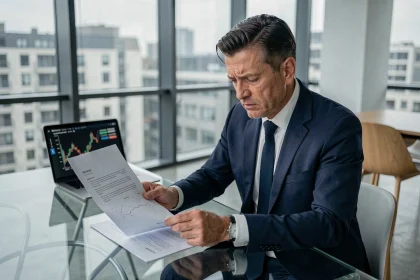 Professionnel en costume marine analysant des documents de régulation européenne sur la cryptomonnaie dans un bureau moderne