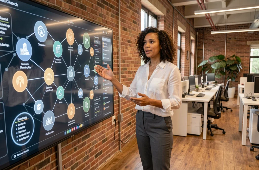 Professionnelle de la fintech présentant un réseau de tokenisation d'actifs sur un écran interactif dans un espace de travail moderne