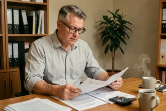Propriétaire immobilier analysant sa déclaration de taxe foncière et ses revenus locatifs à son bureau