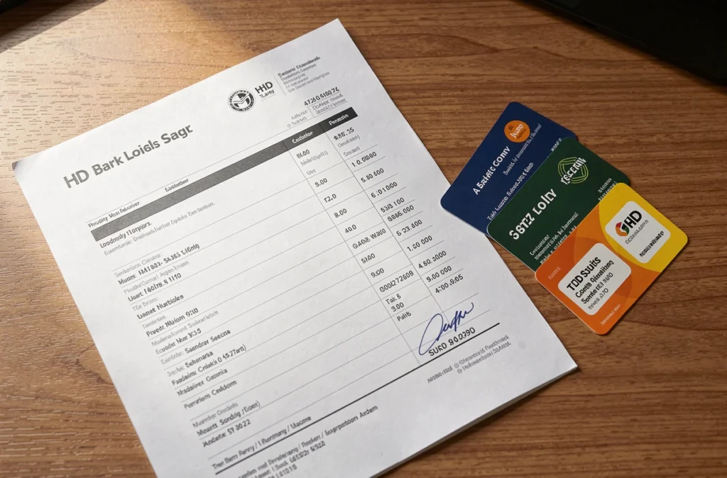Relevé bancaire posé près de cartes de magasin