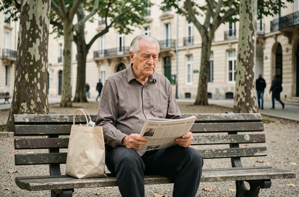 Retraité pensif sur un banc de parc symbolisant la perte de pouvoir d'achat