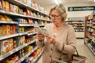 Retraitée comparant les prix dans un supermarché face à l'inflation
