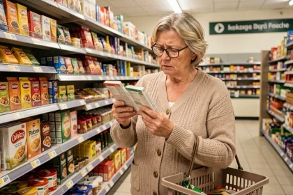 Retraitée comparant les prix dans un supermarché face à l'inflation