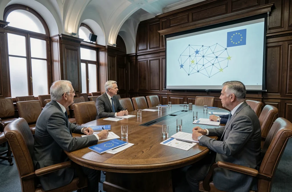 Délégués européens en réunion officielle discutant de la régulation des cryptomonnaies dans une salle de conférence institutionnelle