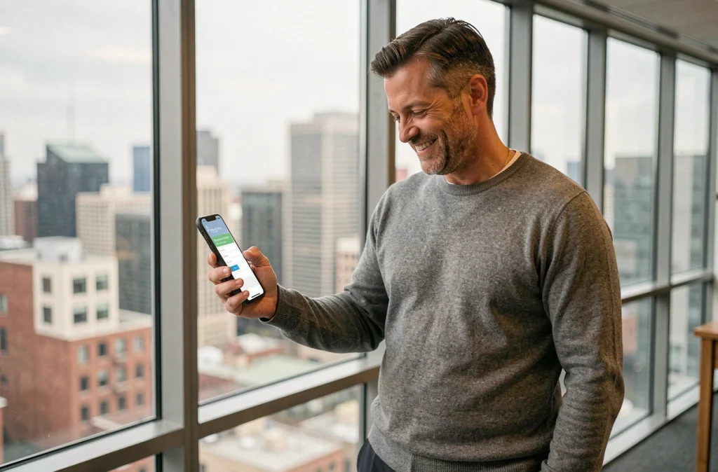 Salarié Société Générale utilisant l'application CCUES SG sur smartphone pour accéder à ses avantages