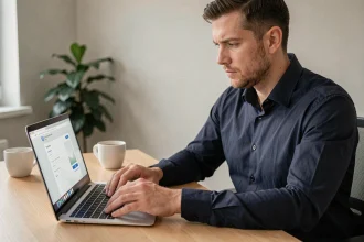 Homme concentré sécurisant l'accès à son espace client bancaire en ligne sur un ordinateur portable
