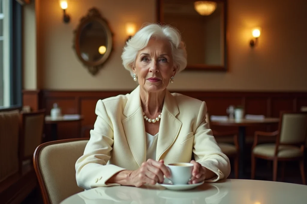 Femme élégante et célèbre assise dans une brasserie parisienne classique, symbolisant l'indépendance financière et le patrimoine personnel d'une artiste reconnue