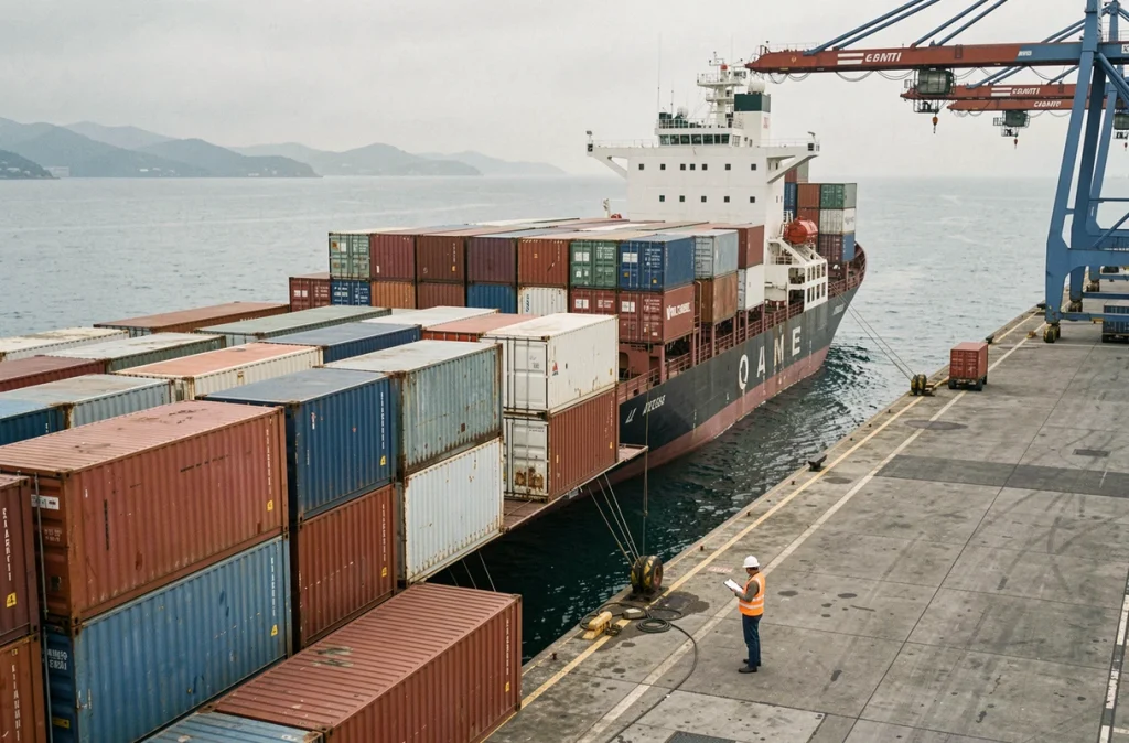 Terminal portuaire avec porte-conteneurs et ouvrier consultant des documents, illustrant l'activité économique maritime de CMA CGM dans un contexte boursier