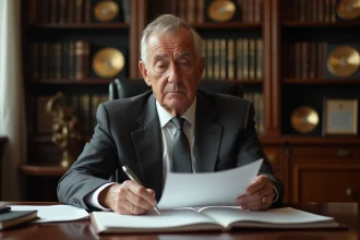 Homme d'affaires élégant examinant des documents financiers dans un bureau parisien raffiné, illustrant la gestion d'un patrimoine et d'une fortune dans le milieu du showbiz