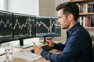 Trader analysant un pattern double bottom sur ses écrans de trading dans un bureau à domicile moderne