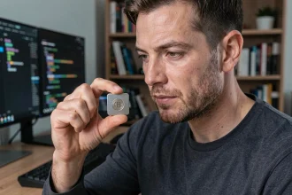Homme tenant un wallet physique de cryptomonnaie dans un bureau moderne, illustrant la sécurité des portefeuilles matériels